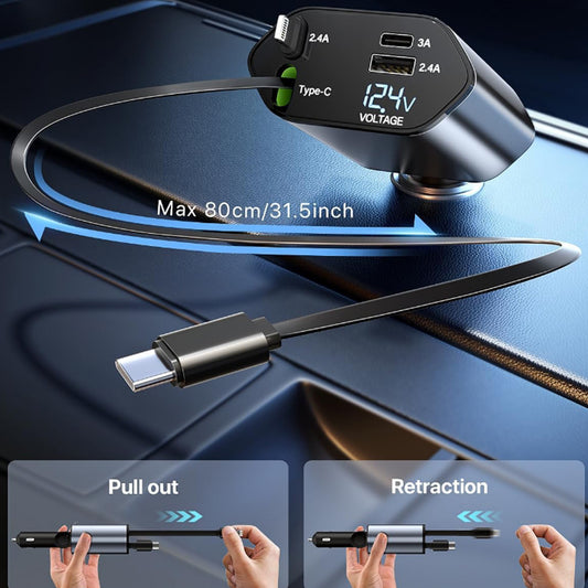 4-in-1 Super Fast Car Charger with Dual Built-In Cables, Dual USB Ports, LED Voltage Display & 120W High-Speed Smart Charging for All Smartphones