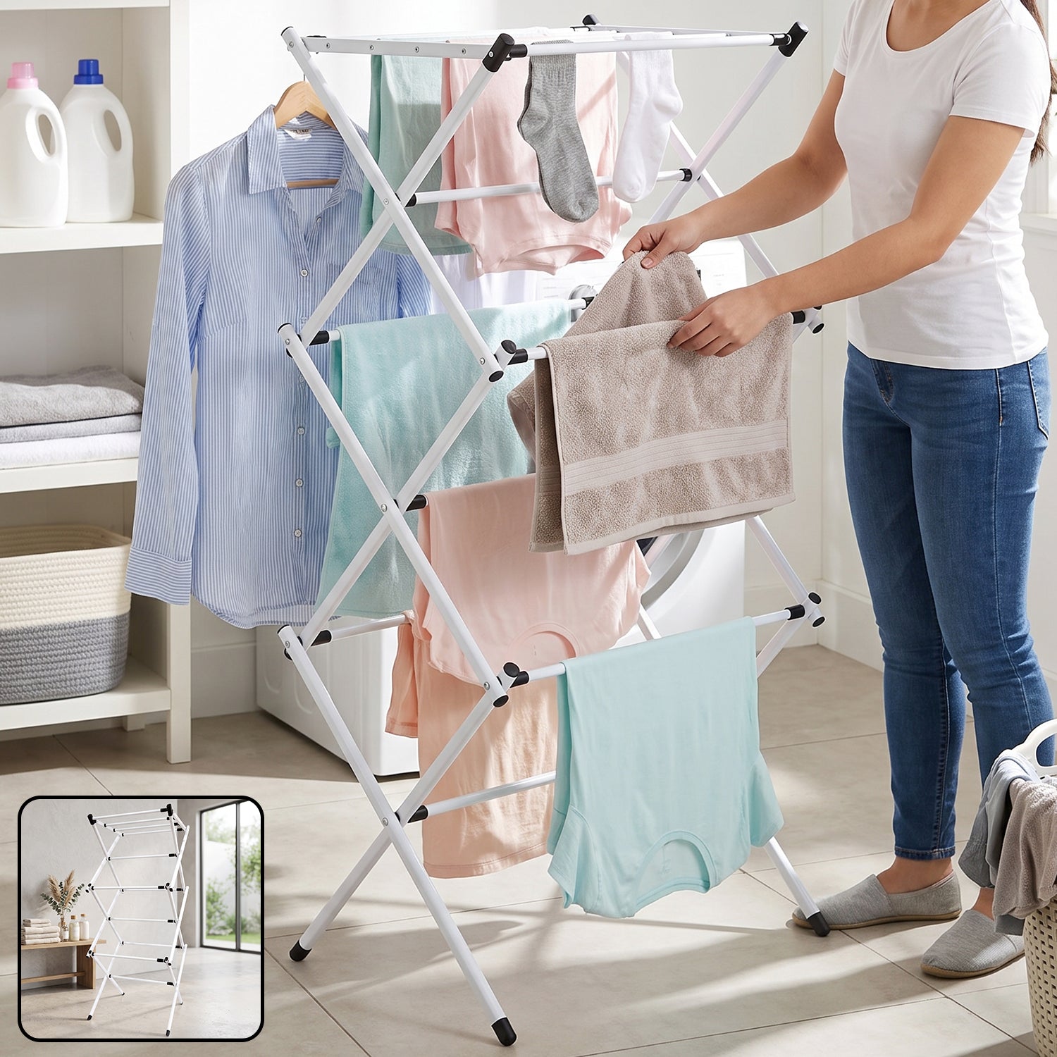 Metal Foldable Clothes Drying Rack 3 Tier Portable Laundry Stand Collapsible Cloth Dryer for Indoor Outdoor Balcony Home Space Saving (1 Pc)