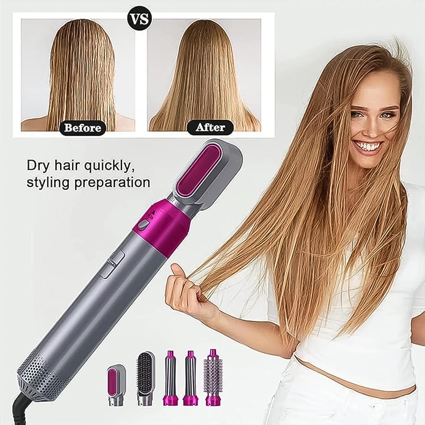 5 In 1 Hair Dryer Brush Hot Air Styler 1000W Multifunction Hair Styling Tool with Detachable Brush Heads for Drying, Straightening, Curling, Volumizing and Combing
