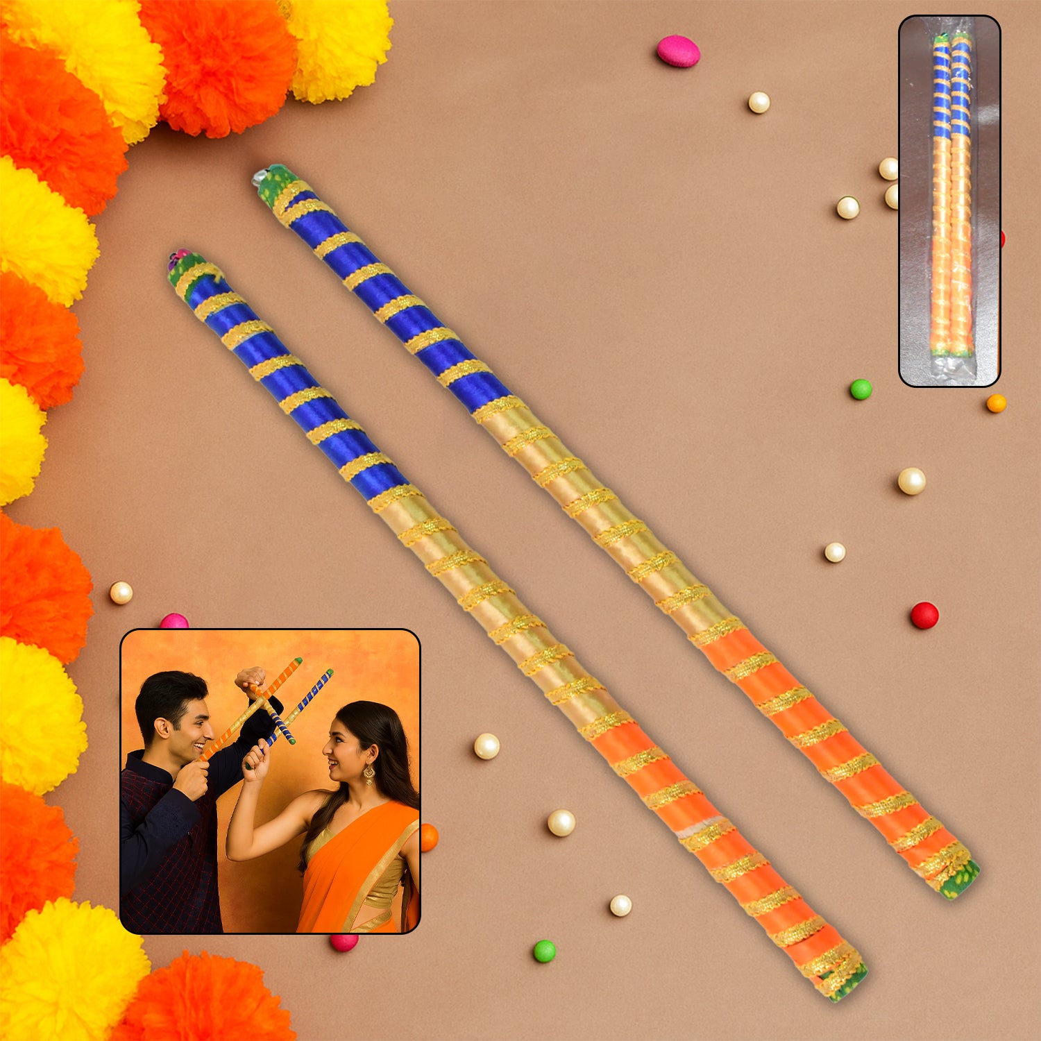 Traditional Decorative Dandiya Sticks Pair for Navratri and Garba – Colorful Wooden Dandiya Rods with Festive Wrapping (2 Pieces)