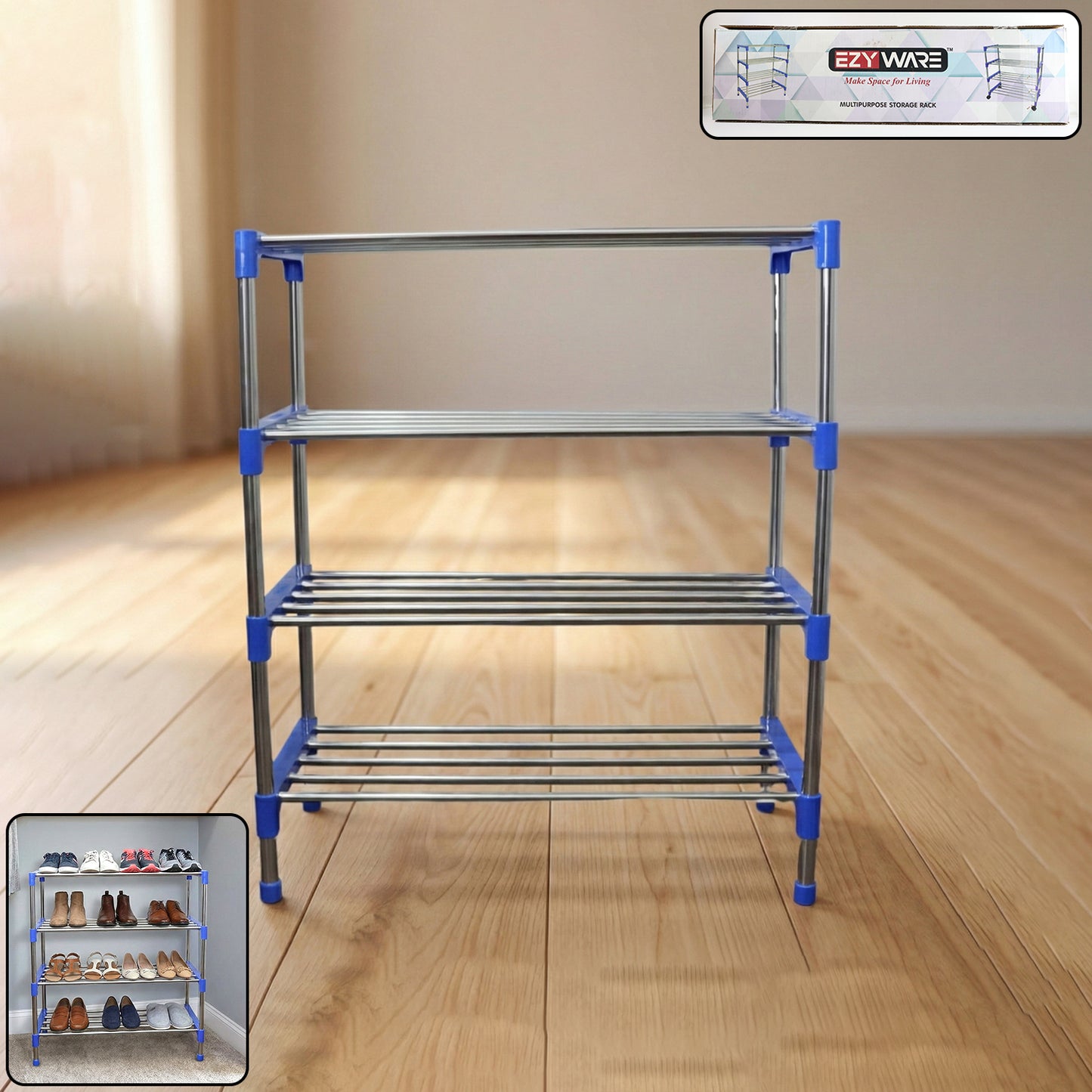 Multipurpose 4-Layer Shoe Rack Organizer – Space-Saving Stainless Steel Storage Rack with Plastic Connectors – Multi-Functional, Easy Assembly – Perfect for Shoes, Clothes and Accessories