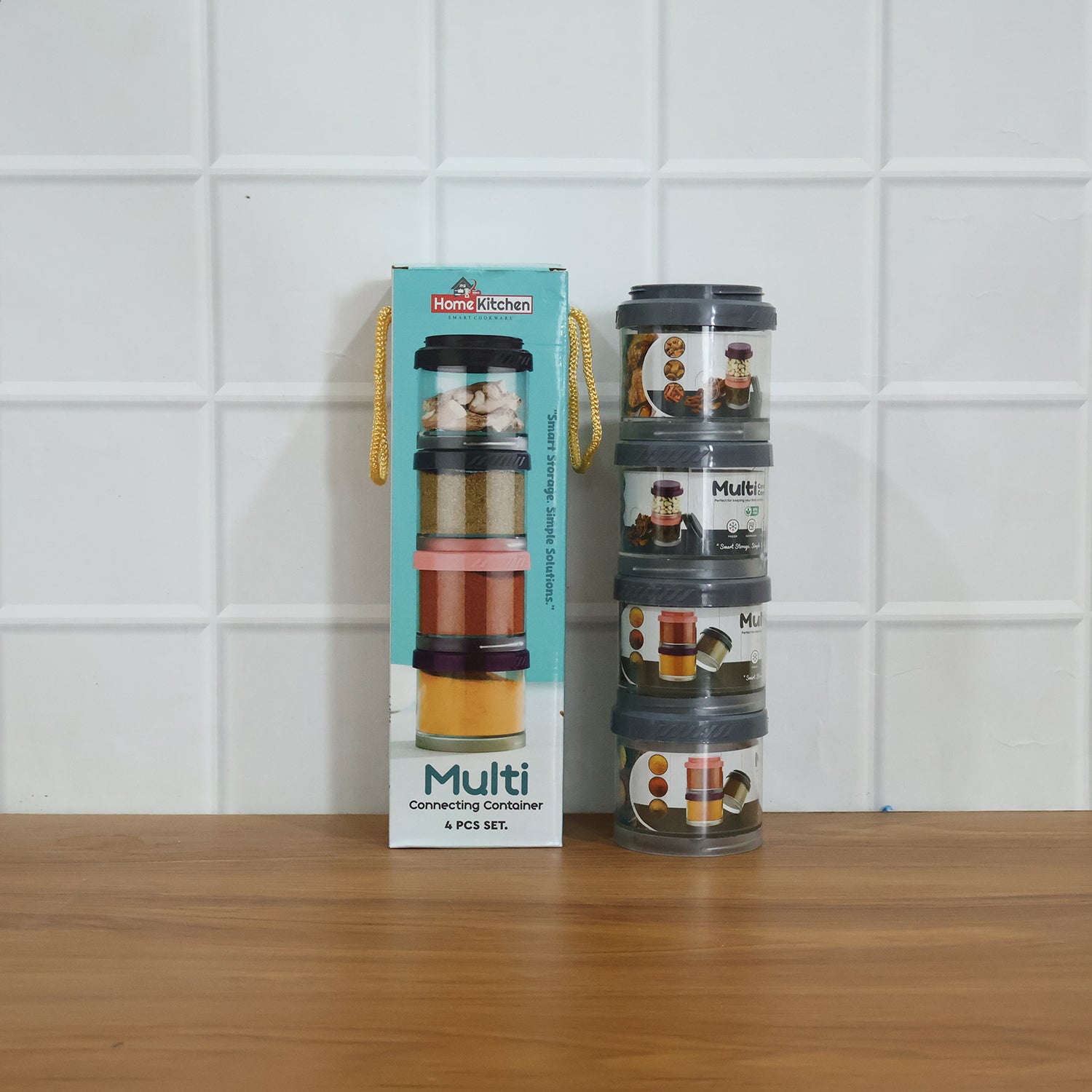 Multipurpose Multi Connecting Stackable Storage Container Set Modular Airtight Transparent Kitchen Jars for Spices Dry Fruits Snacks and Pantry Storage (4 Pc Set)