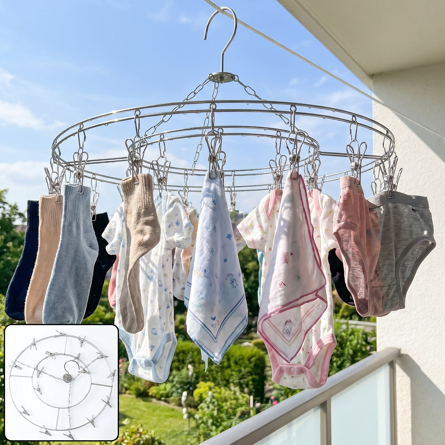 Stainless Steel Round Multi Clip Drying Hanger Windproof Laundry Hanger with Multiple Clips for Socks Underwear Baby Clothes Bras Towels and Handkerchiefs (1 Pc)