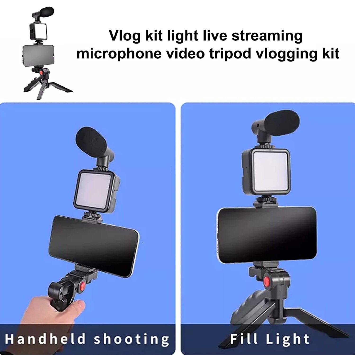 Vlogging Kit for Video Making with Microphone, Mini Tripod Stand, LED Light and Phone Holder Clip for Smartphones (1 Set)