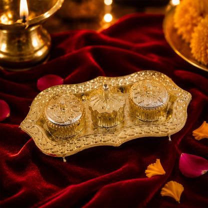 Triveni Kankavati Kumkum Holder, Decorative Golden 3 Compartment Roli Chawal Haldi Box for Puja, Tilak, Home Temple and Festive Rituals (1 Pc)