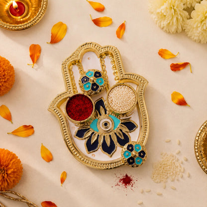 Hand Shaped Kankavati Kumkum Holder, Decorative Golden Roli Chawal Box with Lidded Containers for Puja, Tilak, Home Temple and Festive Rituals (1 Pc)