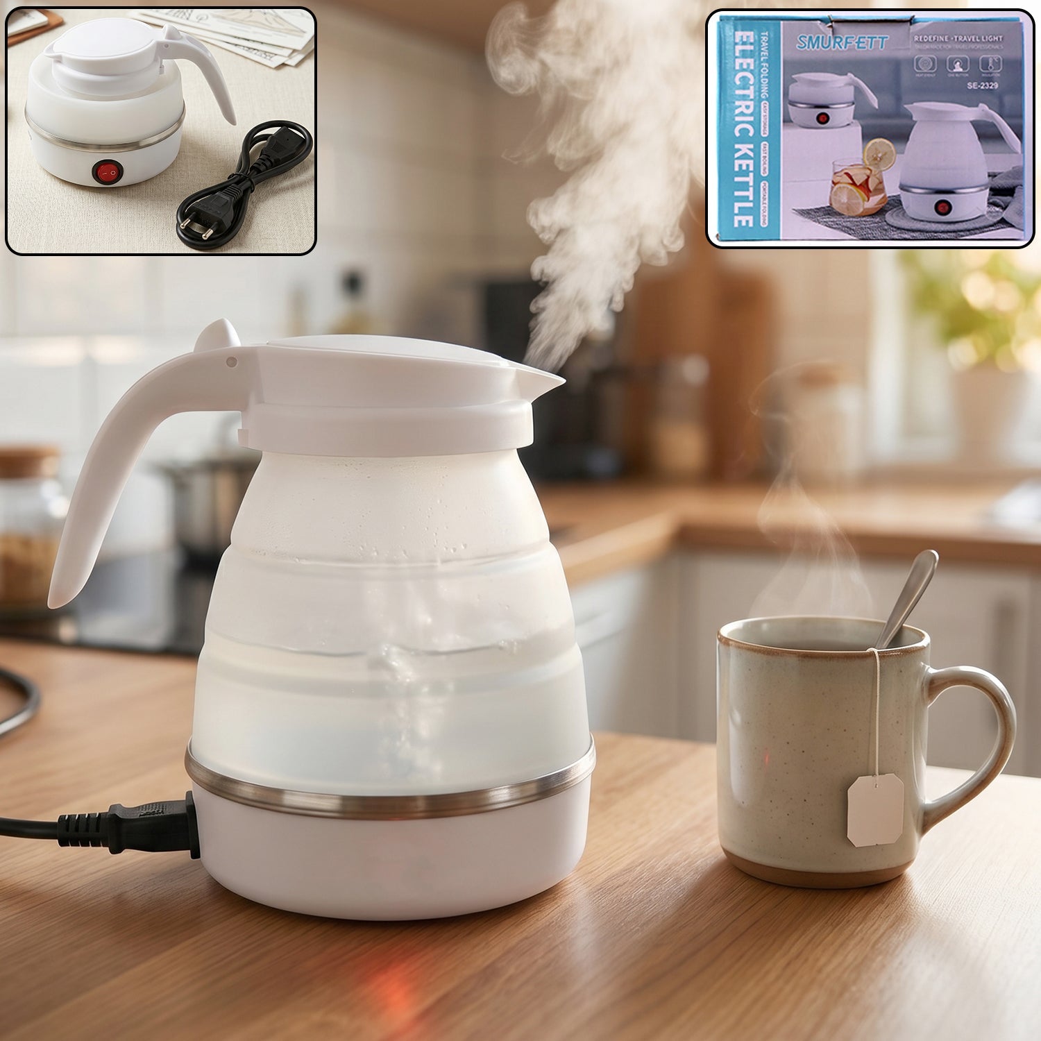 Collapsible Travel Electric Kettle 600ml Foldable Portable Silicone Water Boiler for Tea, Coffee, Milk, Instant Noodles and Hot Water with Detachable Power Cord (1 Pc)