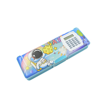 Double Sided Magnetic Geometry Box with Calculator for Kids | Cartoon Print Plastic Pencil Box for Kids
