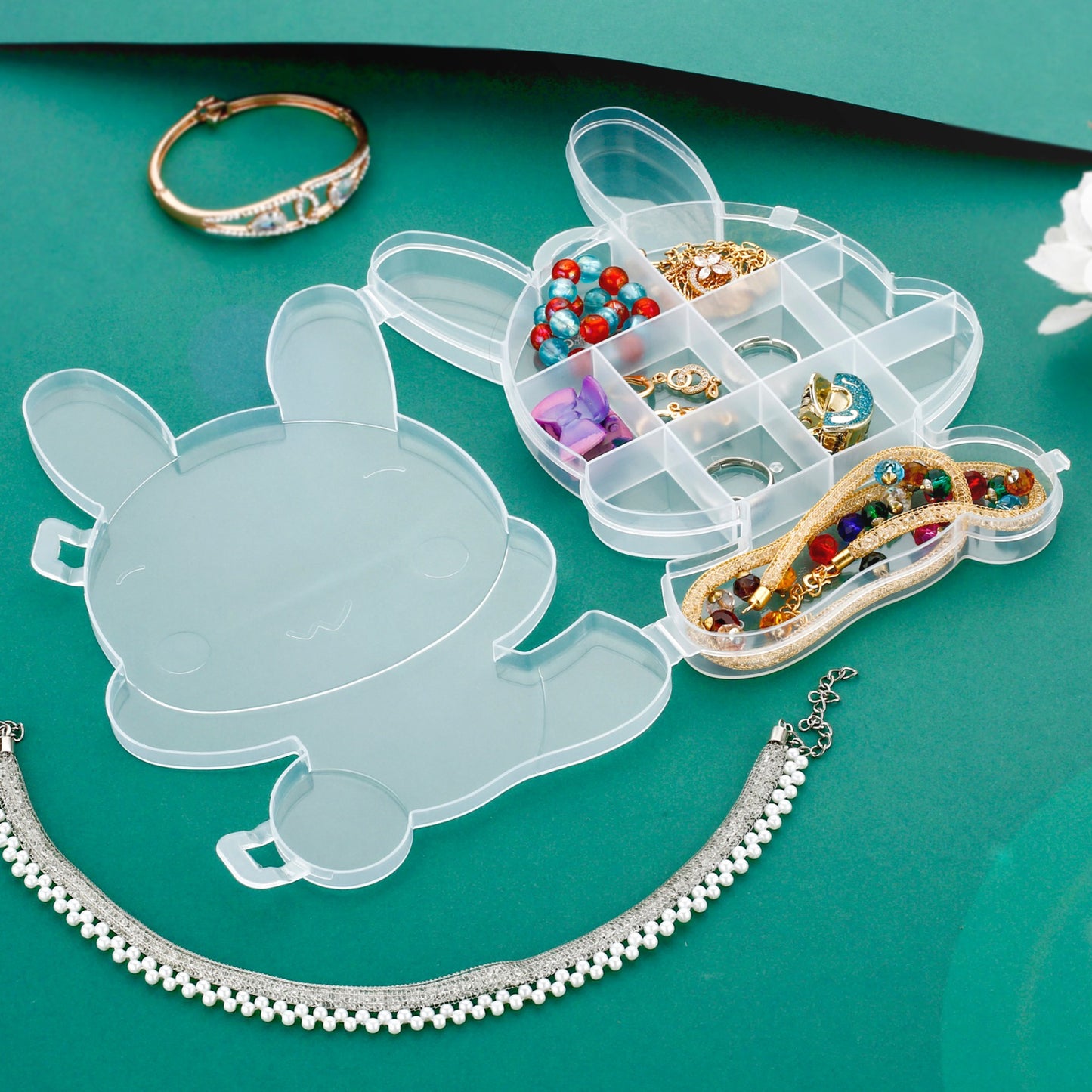 Transparent Cartoon Bear Jewelry Storage Box Clear Plastic Organizer for Earrings, Rings, Accessories and Small Items (1 Pc Random Color)