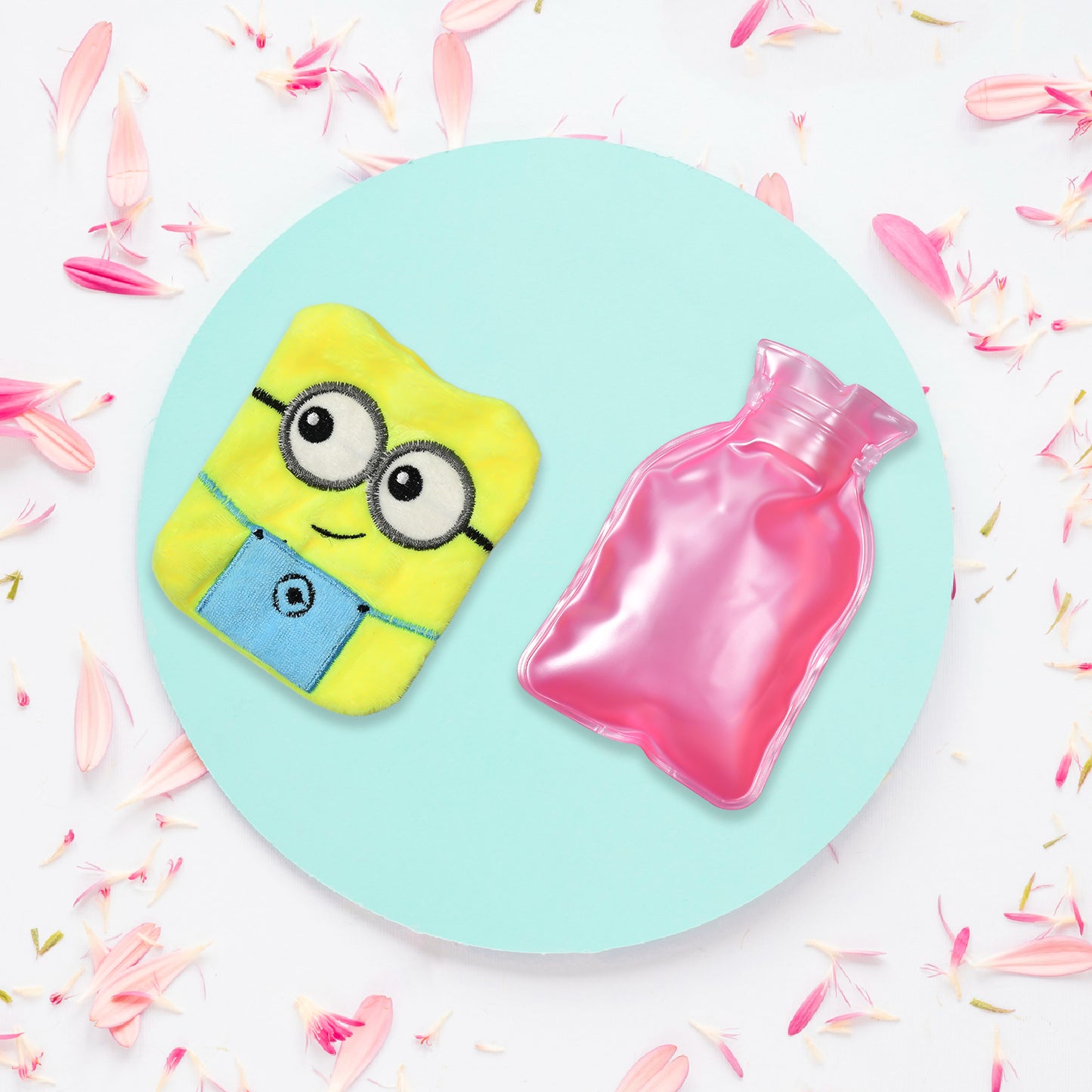 2 Eye Minions Small Hot Water Bag with Soft Cover – Portable Natural Rubber Heat Therapy Bottle for Pain Relief, Menstrual Cramps, Neck, Shoulder, Back and Hand Warmer