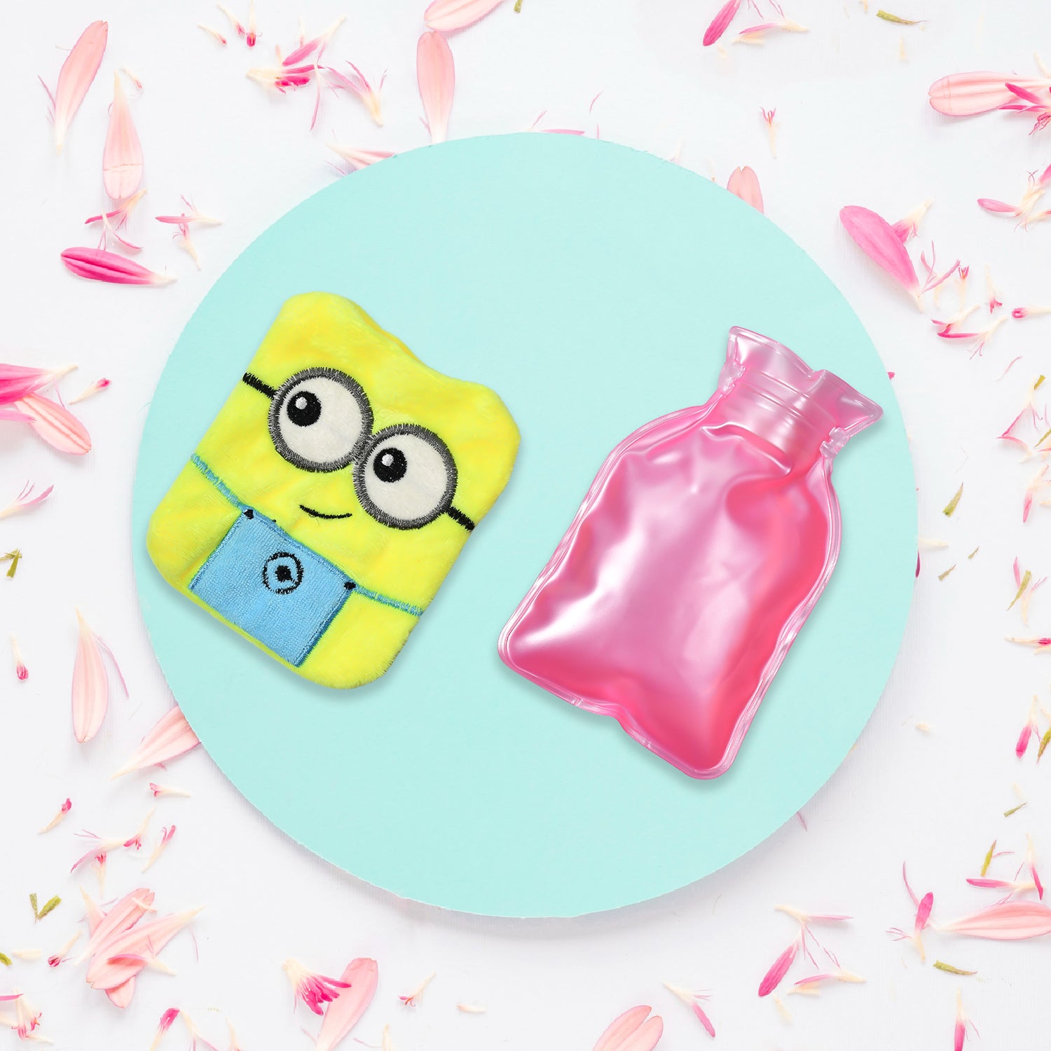 2 Eye Minions Small Hot Water Bag with Soft Cover – Portable Natural Rubber Heat Therapy Bottle for Pain Relief, Menstrual Cramps, Neck, Shoulder, Back and Hand Warmer