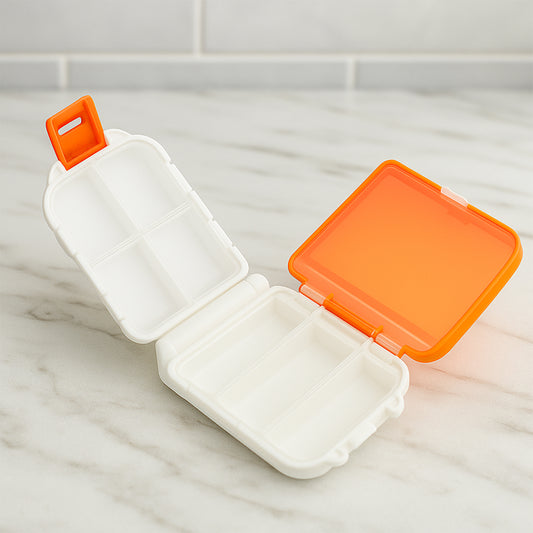Portable Orange Dual-Sided Pill Organizer Box – 8-Compartment Pocket Medicine Case with Secure Snap Locks – Moisture-Resistant, BPA-Free Plastic Travel Storage for Daily Vitamins, Tablets and Small Essentials