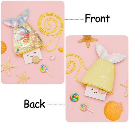 Mermaid Tail Shaped Kids Sling Bag with Colorful Reversible Sequins and Cartoon Print Crossbody Shoulder Bag for Girls