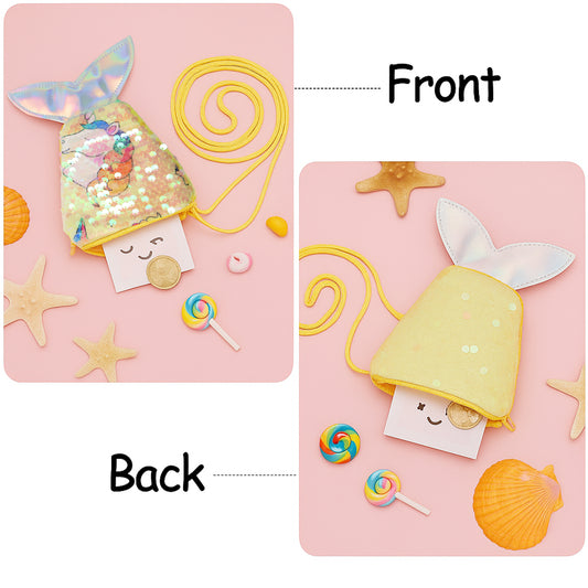 Mermaid Tail Shaped Kids Sling Bag with Colorful Reversible Sequins and Cartoon Print Crossbody Shoulder Bag for Girls