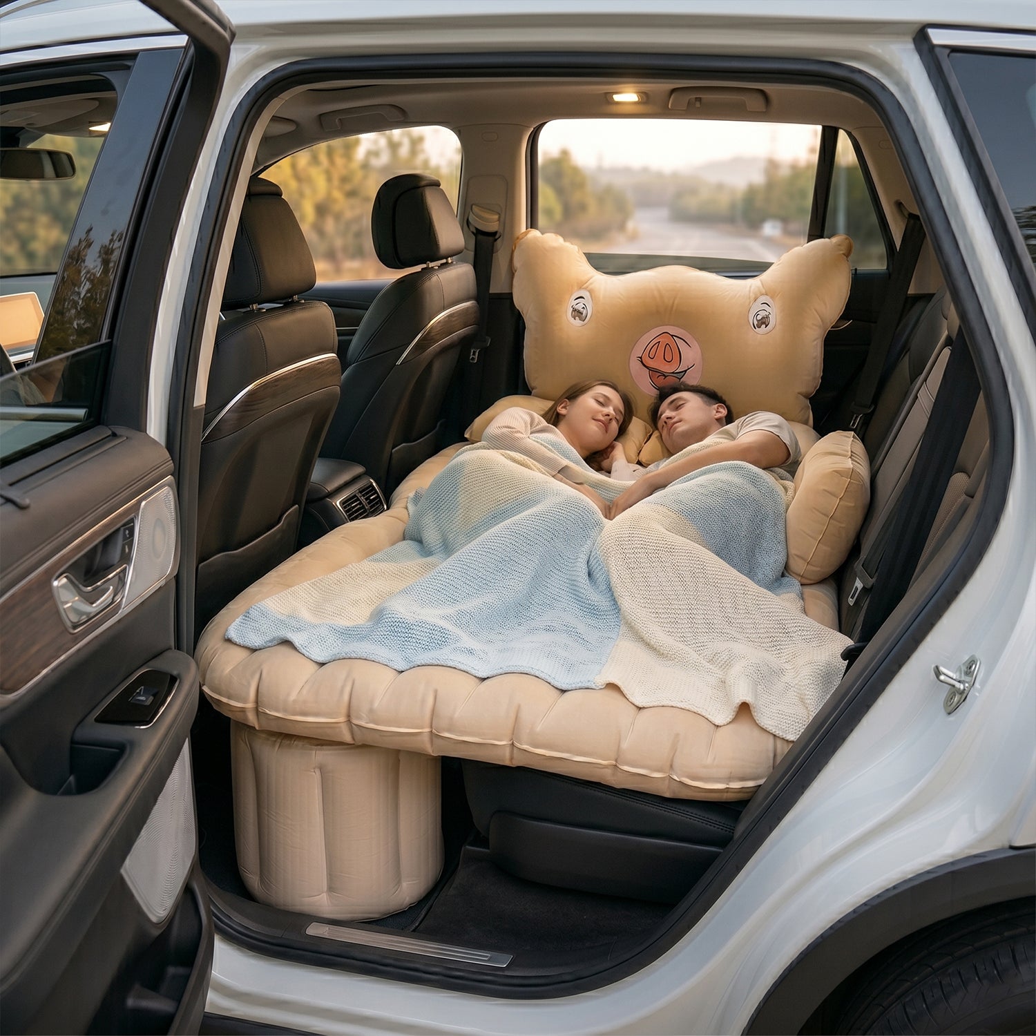 Car Air Mattress Bed Set Cartoon Pig Design Inflatable Travel Bed With Pillows
