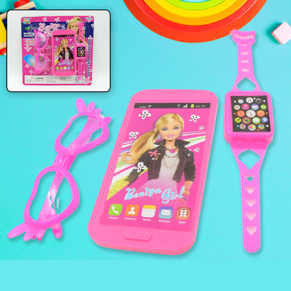 Princess Musical Toy Phone Watch and Glasses Set for Girls Battery Operated Pretend Play Mobile Phone Toy with Accessories (3 Pieces Set)