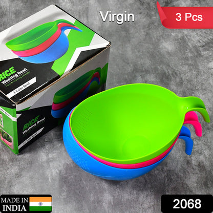 Plastic Rice Bowl Food Strainer Drain Basket with Handle for Rice, Fruits, Vegetables and Pulses Set of 3