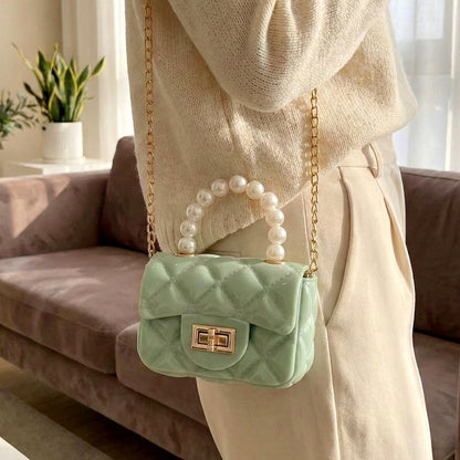 Elegant Quilted Mini Handheld &; Sling Fashion Handbag with Pearl Handle and Chain Strap – Stylish Compact Bag for Daily Wear & Special Occasions (1 pc)