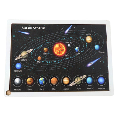 Wooden Solar System Puzzle For Kids - (1 Set) Labeled Planets Learning Tray | STEM Space Teaching Toy | Durable & Safe