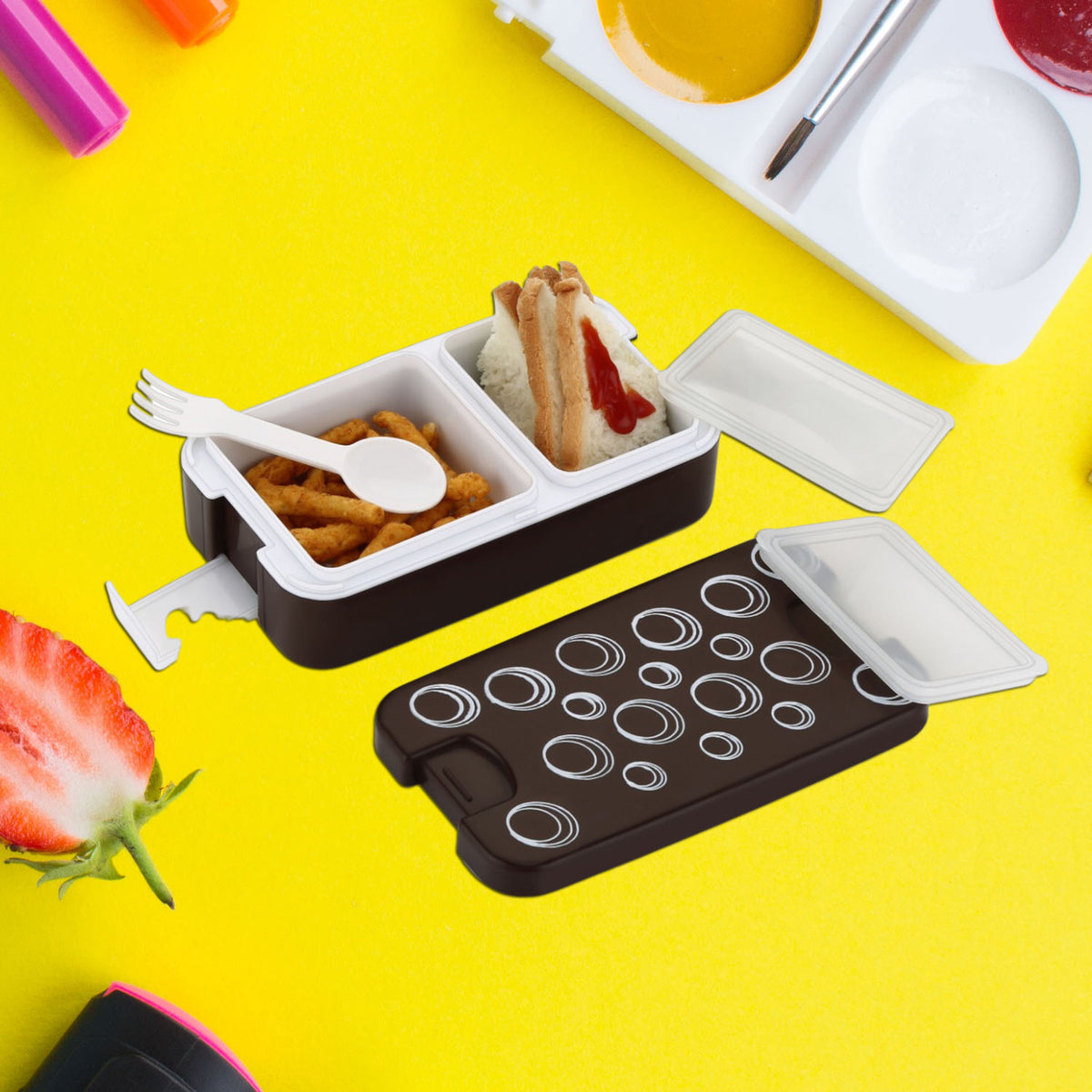 Airtight Lunch Box with 2 Compartments and Spoon, Leak-Proof Compact Food Storage Tiffin Box
