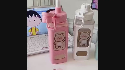 700ml Kawaii Water Bottle with Lid & Straw | Leak-Proof Cute Drinking Bottle for Kids & Adults | Reusable Portable Bottle for Water, Juice, Milk, Tea | Pack of 1