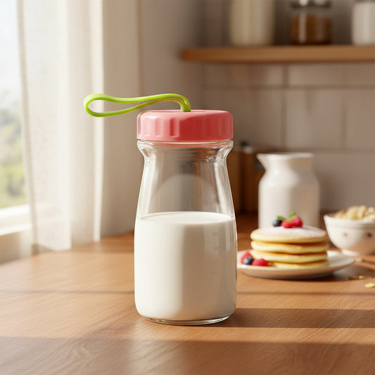 Premium 300 ML Glass Bottle with Leak-Proof Lid – Transparent Reusable Drink Storage Bottle for Milk, Juice, Water, Beverages with Colorful Silicon Cap & Handle