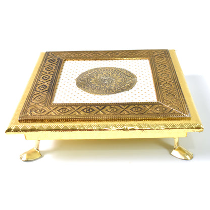 Golden Square Wooden Pooja Chowki Patla Bajot for Home Temple, Office Temple, Festivals and Religious Ceremonies 20 × 20 cm (1 Pc)