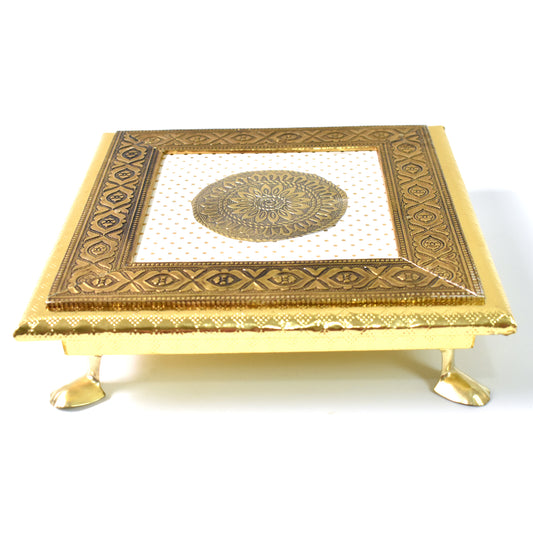 Golden Square Wooden Pooja Chowki Patla Bajot for Home Temple, Office Temple, Festivals and Religious Ceremonies 20 × 20 cm (1 Pc)