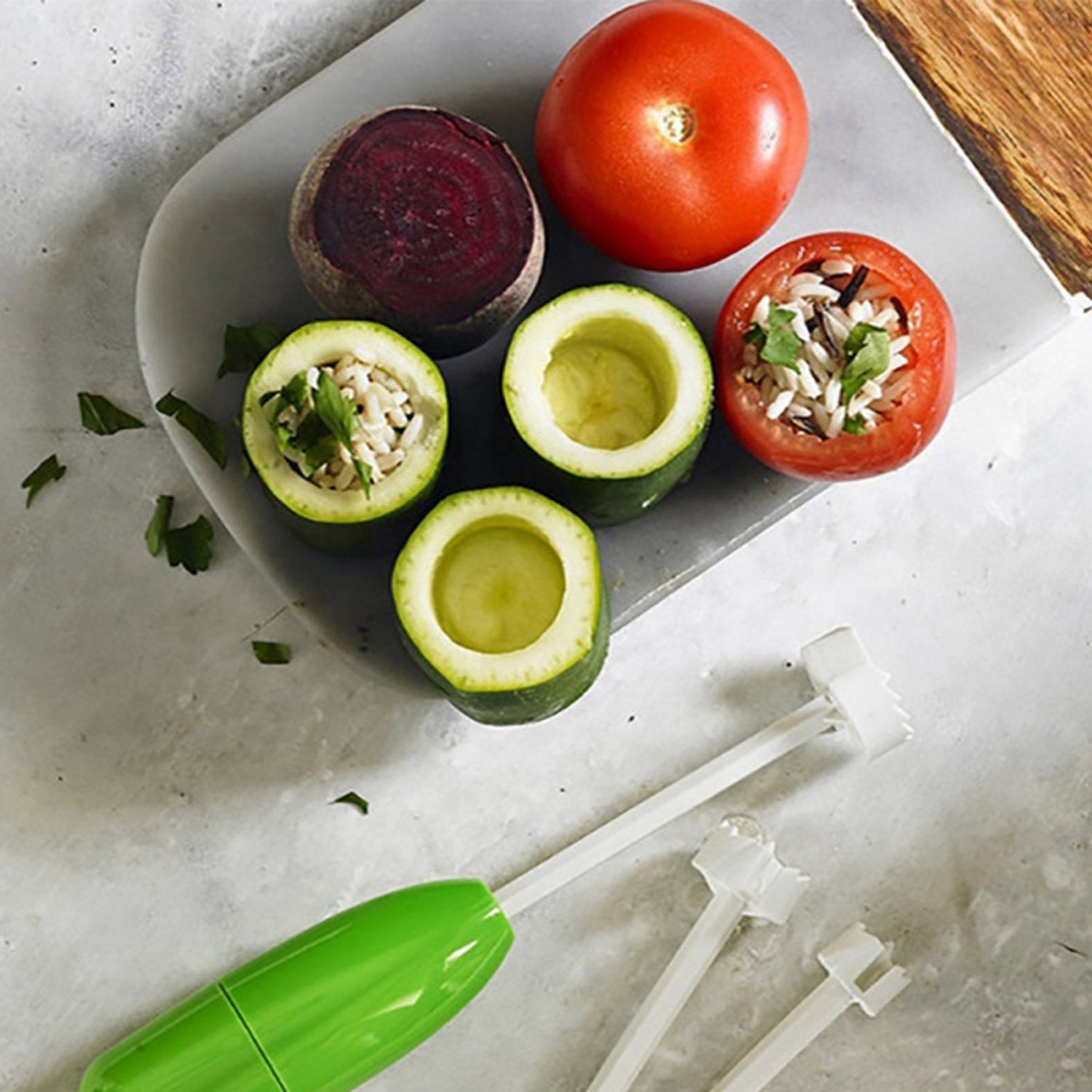 Veg Drill Vegetable Spiralizer and Corer Tool – Stuffed Vegetable Digging and Hollowing Kit with 4 Interchangeable Drill Heads