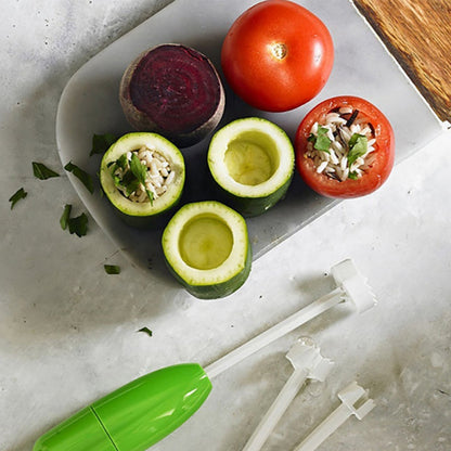 Veg Drill Vegetable Spiralizer and Corer Tool – Stuffed Vegetable Digging and Hollowing Kit with 4 Interchangeable Drill Heads
