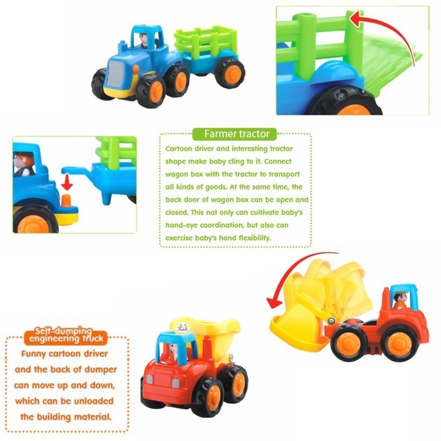Funwoods 4 Piece Construction Vehicle Toy Set for Kids | Mini Pull-Back Engineering Trucks with Dumper, Cement Mixer, Tractor & Loader for Toddlers & Preschoolers (4 Pc Set)