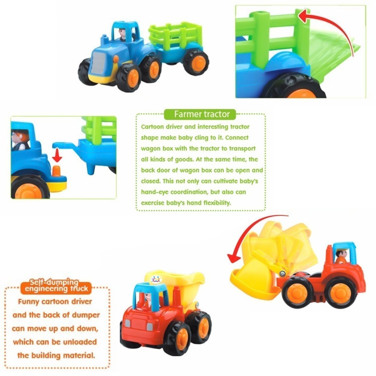 Funwoods 4 Piece Construction Vehicle Toy Set for Kids | Mini Pull-Back Engineering Trucks with Dumper, Cement Mixer, Tractor & Loader for Toddlers & Preschoolers (4 Pc Set)