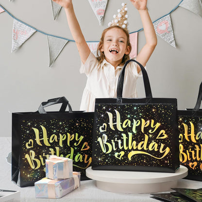 Birthday Gift Bag with Gold Shiny Stars – Reusable Non Woven Party Gift Bag for Kids and Adults with Sturdy Base – 1 Piece