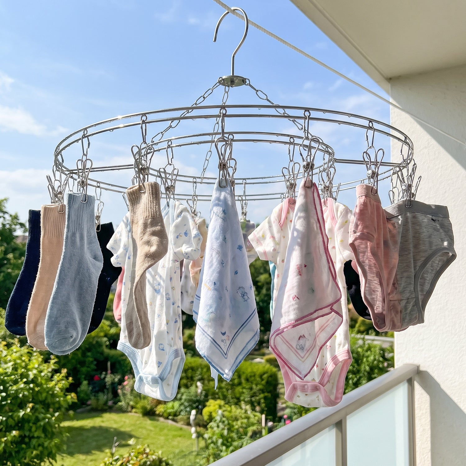 Stainless Steel Round Multi Clip Drying Hanger Windproof Laundry Hanger with Multiple Clips for Socks Underwear Baby Clothes Bras Towels and Handkerchiefs (1 Pc)