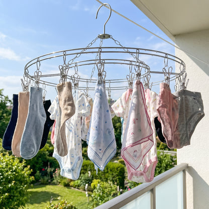 Stainless Steel Round Multi Clip Drying Hanger Windproof Laundry Hanger with Multiple Clips for Socks Underwear Baby Clothes Bras Towels and Handkerchiefs (1 Pc)