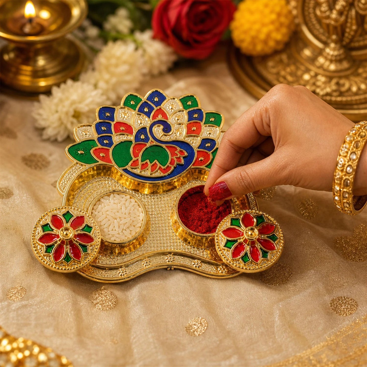 Peacock Shaped Kankavati Kumkum Holder, Decorative Golden Roli Chawal Box with Lidded Containers for Puja, Tilak, Home Temple and Festive Rituals (1 Pc)