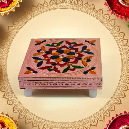 Handcrafted Meenakari Wooden Chowki Bajot for Puja | Hand Painted Multicolour Wooden Pooja Stand for God Idols, Kalash, Diya and Home Temple Décor (1 Piece)