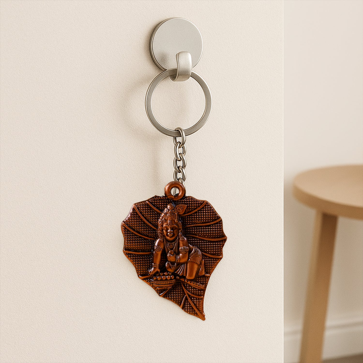 Premium Antique-Finish Metal Keychain with BalKrishna on Peepal Leaf – Elegant Religious Keyring for Car, Bike, Home & Gift (1 Pc)