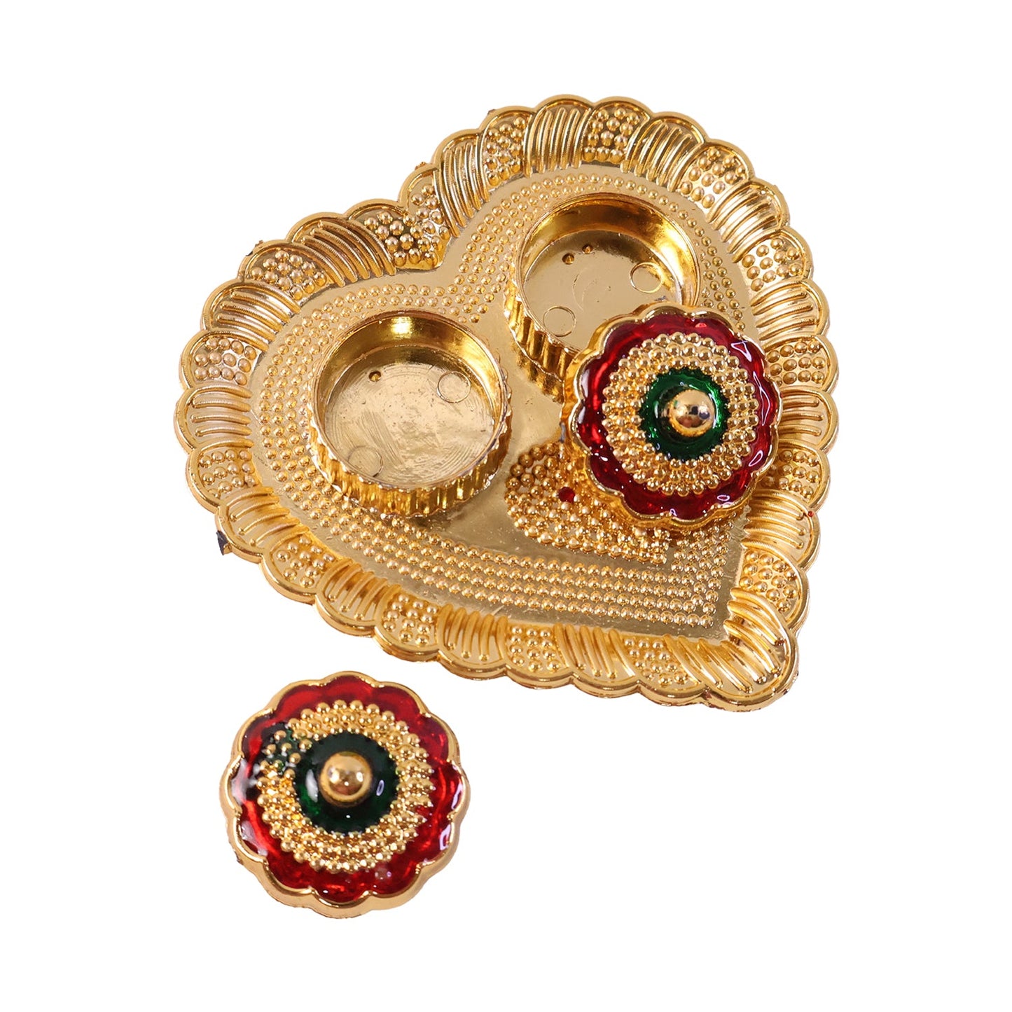 Heart Shape Kumkum Holder with Meenakari Lid Golden Metal Double Compartment Pooja Box for Kumkum Haldi Roli Chandan and Akshat (1 Pc)