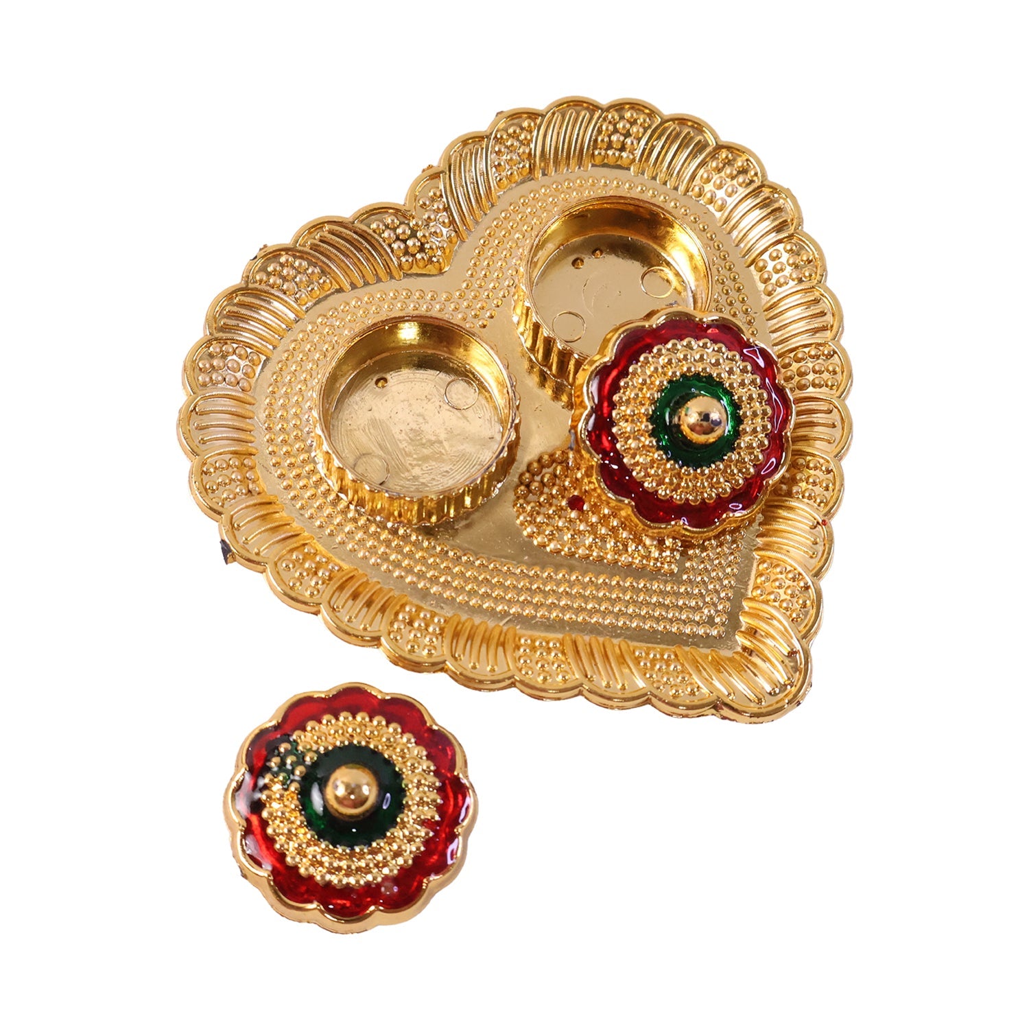Heart Shape Kumkum Holder with Meenakari Lid Golden Metal Double Compartment Pooja Box for Kumkum Haldi Roli Chandan and Akshat (1 Pc)