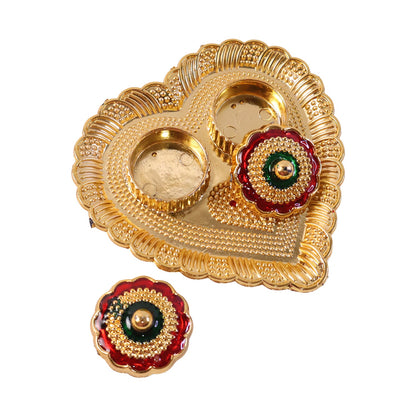 Heart Shape Kumkum Holder with Meenakari Lid Golden Metal Double Compartment Pooja Box for Kumkum Haldi Roli Chandan and Akshat (1 Pc)