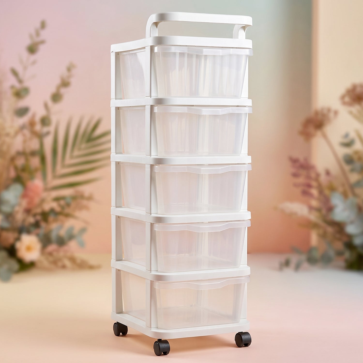 5 Layer Plastic Storage Drawer Rack with Wheels Multipurpose Rolling Organizer Cabinet for Home Kitchen Bathroom Office Bedroom and Laundry Storage (1 Pc)