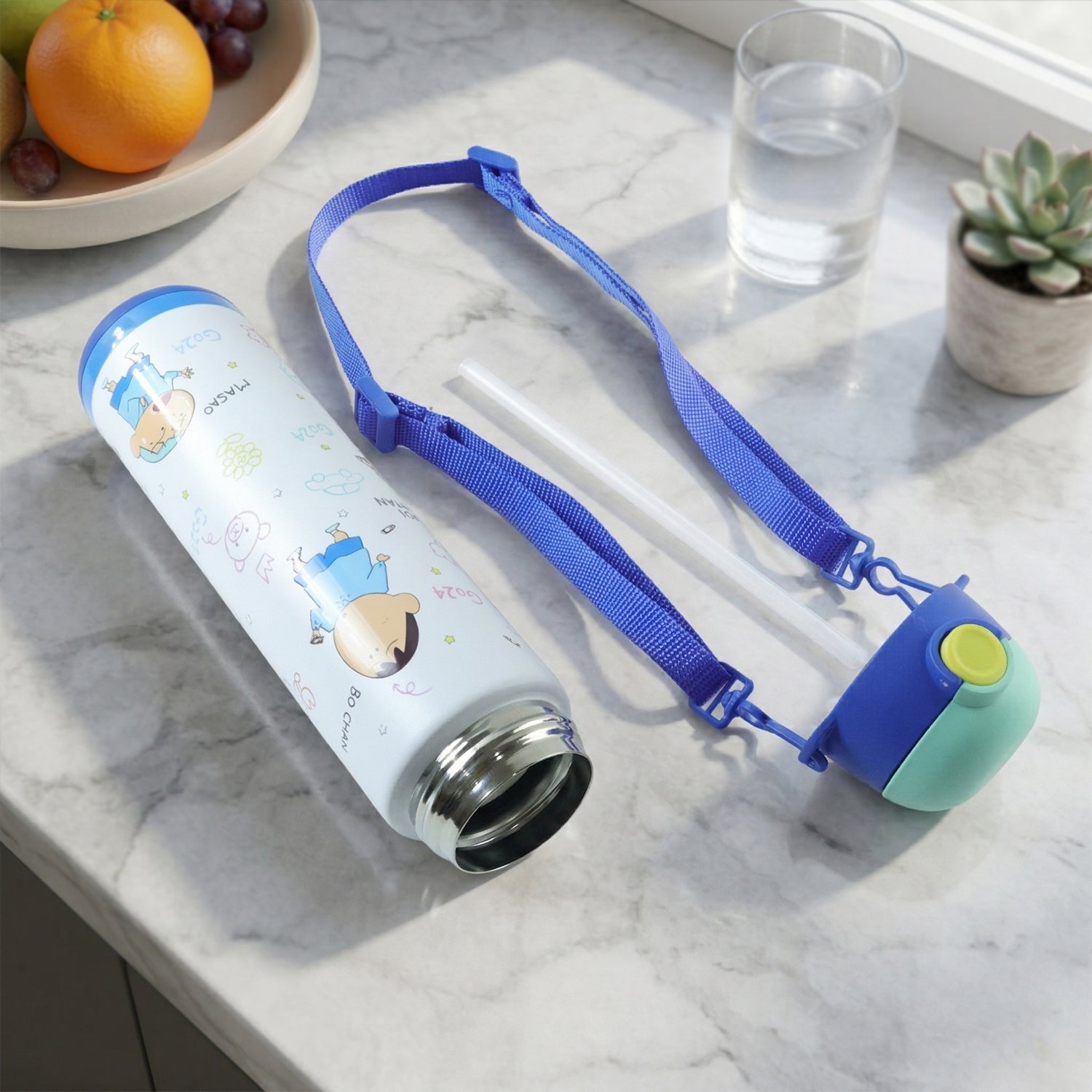 Pexpo Kids Stainless Steel School Water Bottle 500 ML Leakproof Cartoon Printed Sipper Bottle with Carry Strap for School Travel and Daily Use