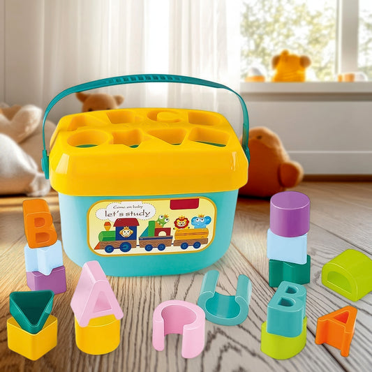 Baby First Block Set Shape Sorting and Stacking Toy for Toddlers 16 Pieces ABCD Geometric Learning Blocks with Storage Basket for 18 Months Plus Pack of 1