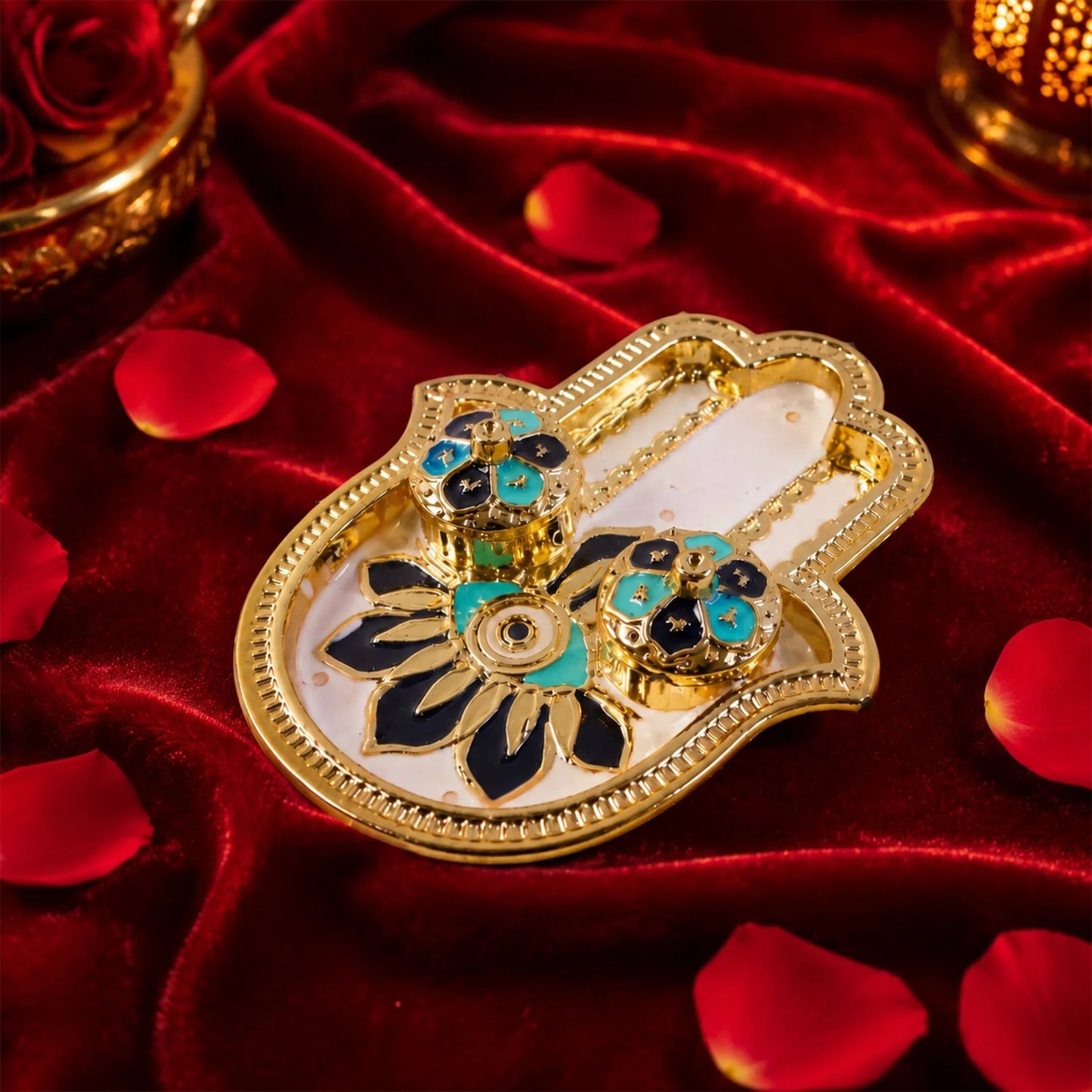 Hand Shaped Kankavati Kumkum Holder, Decorative Golden Roli Chawal Box with Lidded Containers for Puja, Tilak, Home Temple and Festive Rituals (1 Pc)