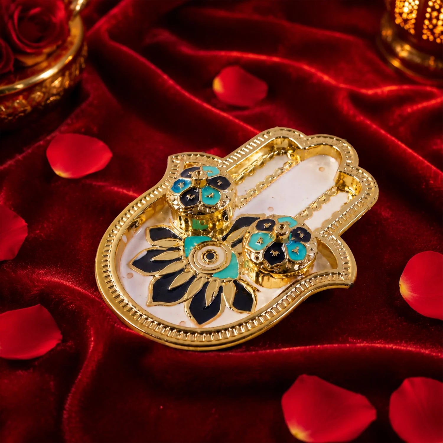 Hand Shaped Kankavati Kumkum Holder, Decorative Golden Roli Chawal Box with Lidded Containers for Puja, Tilak, Home Temple and Festive Rituals (1 Pc)