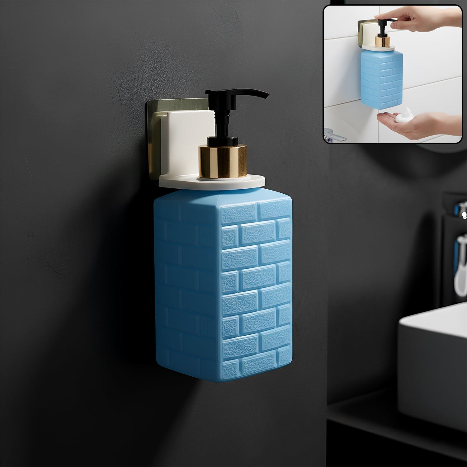 Wall-Mounted Liquid Soap Dispenser with Push Pump and Self-Adhesive Holder – Handwash and Sanitizer Dispenser (1 Set)
