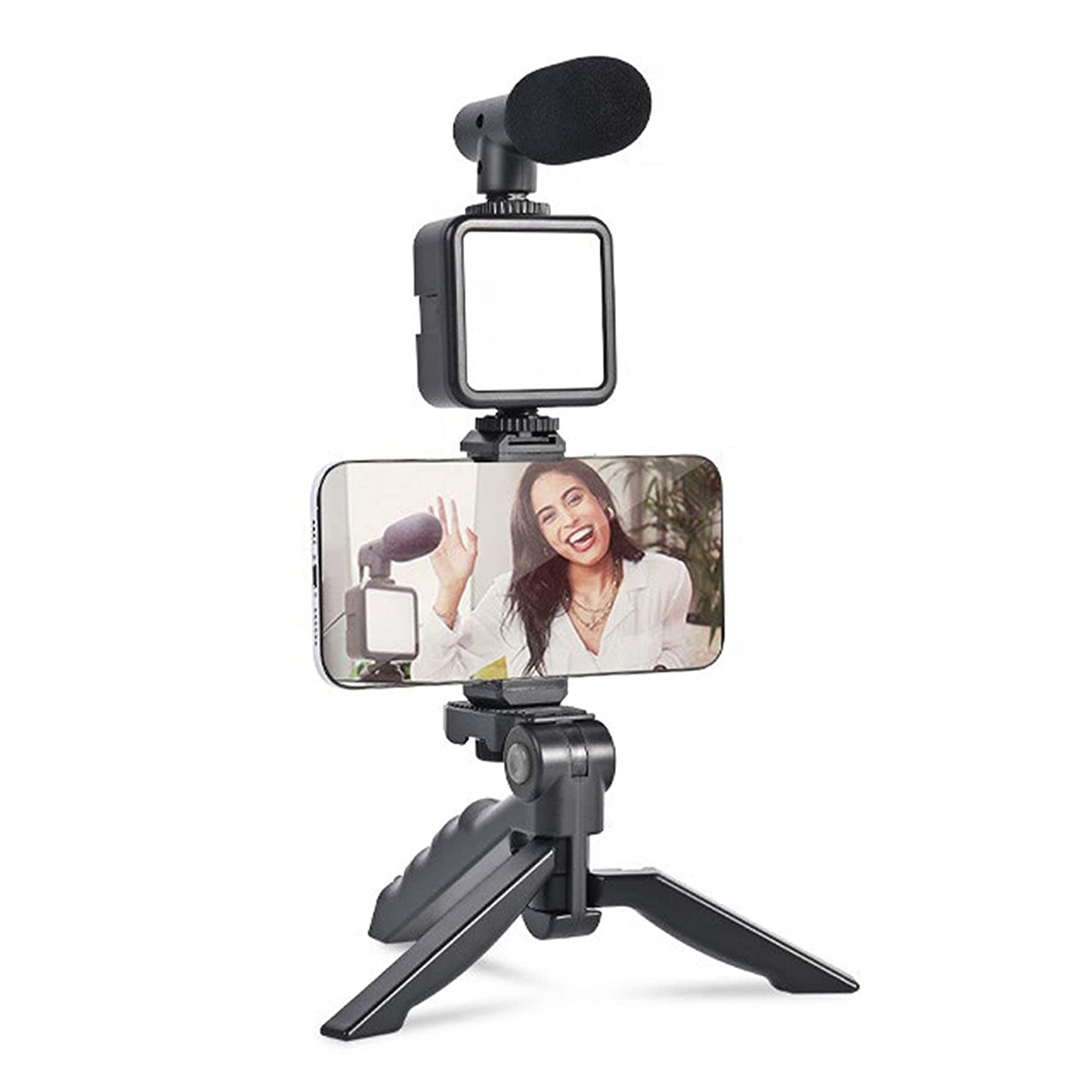 Vlogging Kit for Video Making with Microphone, Mini Tripod Stand, LED Light and Phone Holder Clip for Smartphones (1 Set)