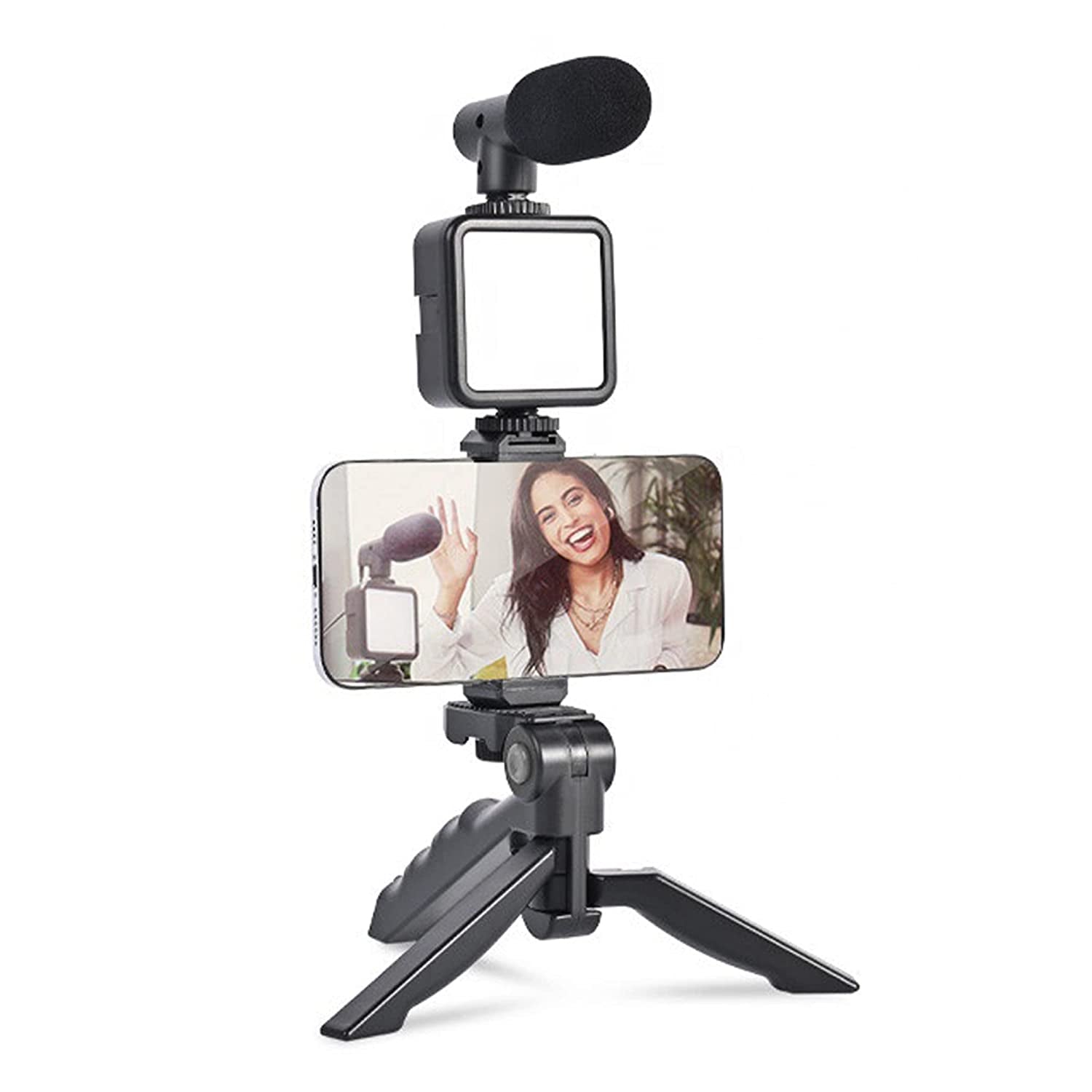 Vlogging Kit for Video Making with Microphone, Mini Tripod Stand, LED Light and Phone Holder Clip for Smartphones (1 Set)
