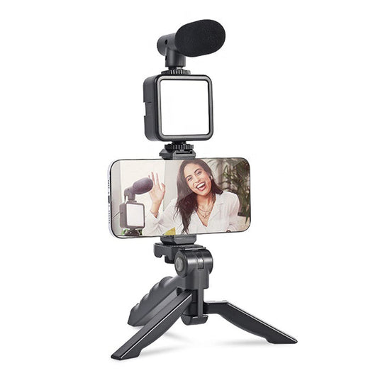 Vlogging Kit for Video Making with Microphone, Mini Tripod Stand, LED Light and Phone Holder Clip for Smartphones (1 Set)